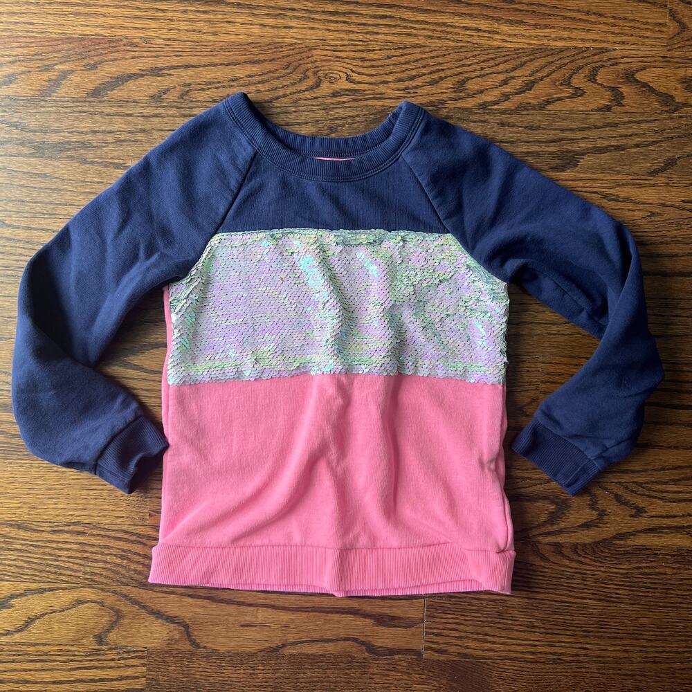 Cat & Jack Girl Two Way Silver Sequin Navy Pink Color Block Sweatshirt S 6 / 6X